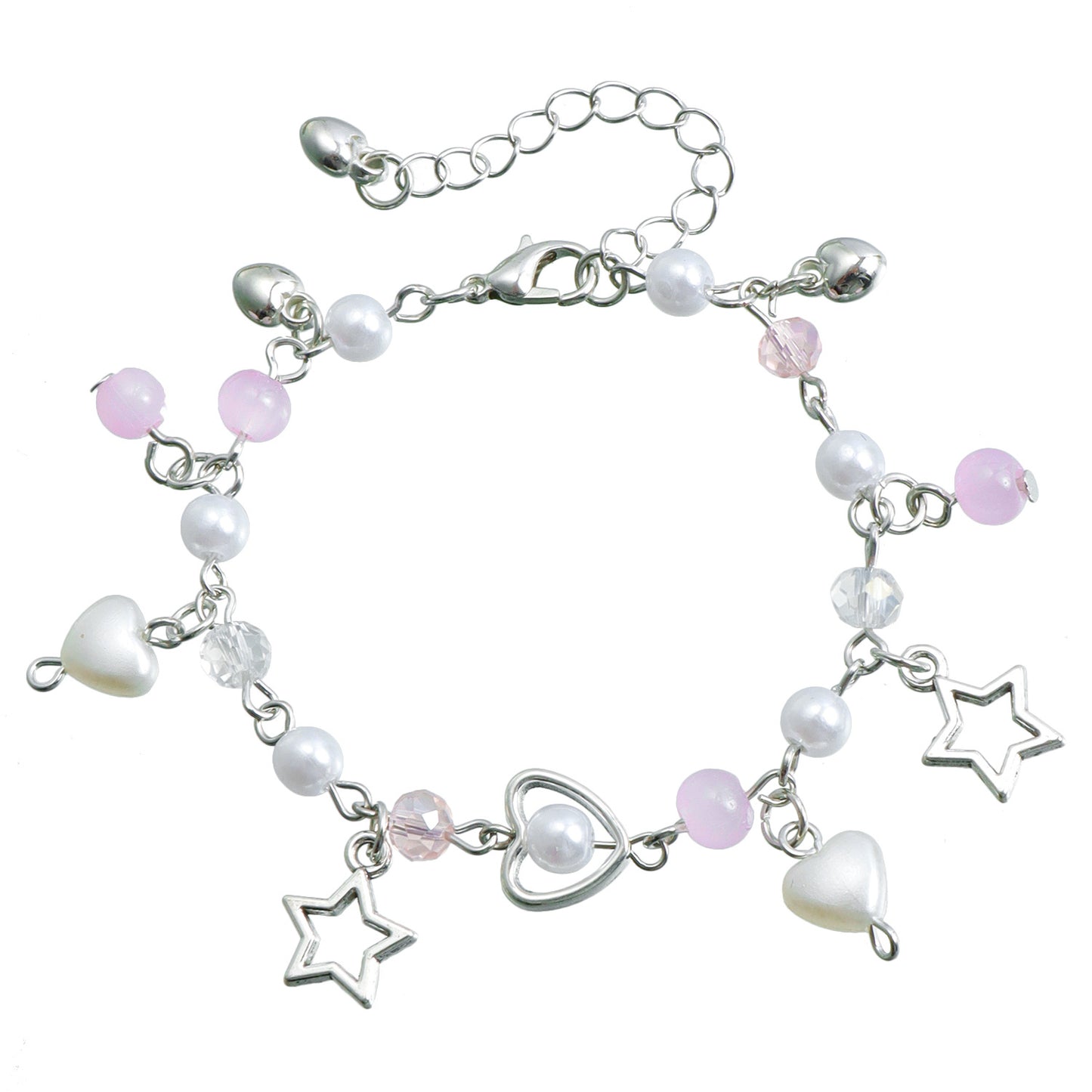 Sweet Fresh Heart and Star Shaped Tassel Bracelet with Simulated Pearl and Crystal Accents Electroplated Metal Minimalist Jewelry