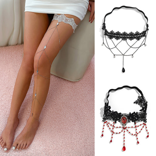Cadena Minimalista Floral para Pierna con Cuerpo de Aleación e Incrustaciones de Gemas Artificiales, Cadena Elástica Multicapa para Tobillo con Ribete de Encaje y Borla
