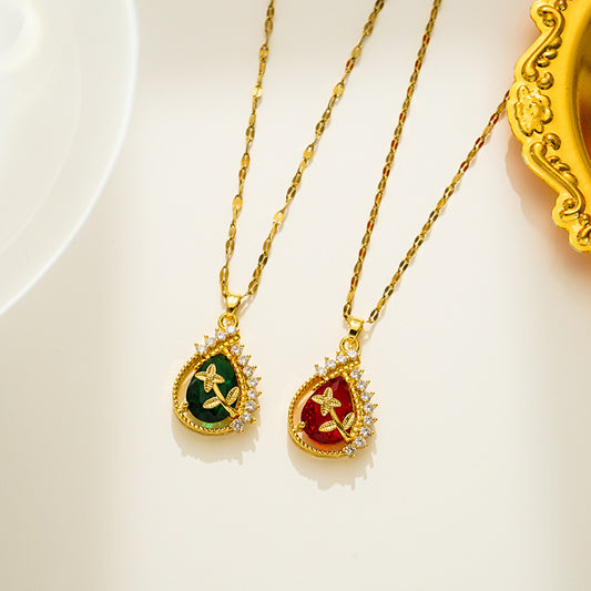 Collar con colgante de gota de acero de titanio dulce natural para mujer con circonita microengastada y chapado al vacío