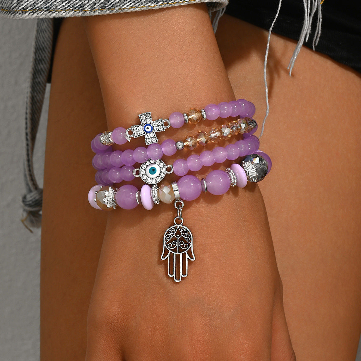 Fashionable Office Lady Style Geometric Cross Evil Eye Hand Chain Set with Glass Beads in Zinc Alloy