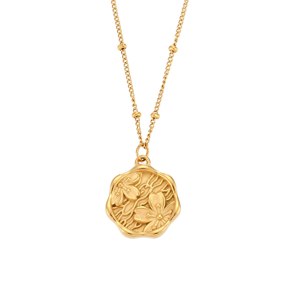 Collana da donna alla moda, vintage, minimalista, con ciondolo a sakura in acciaio inossidabile, finitura lucida e catena di perline