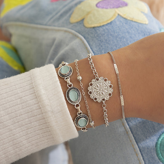 Juego de pulseras apilables de aleación con acabado galvanizado, estilo étnico geométrico calado y piedra ojo de gato