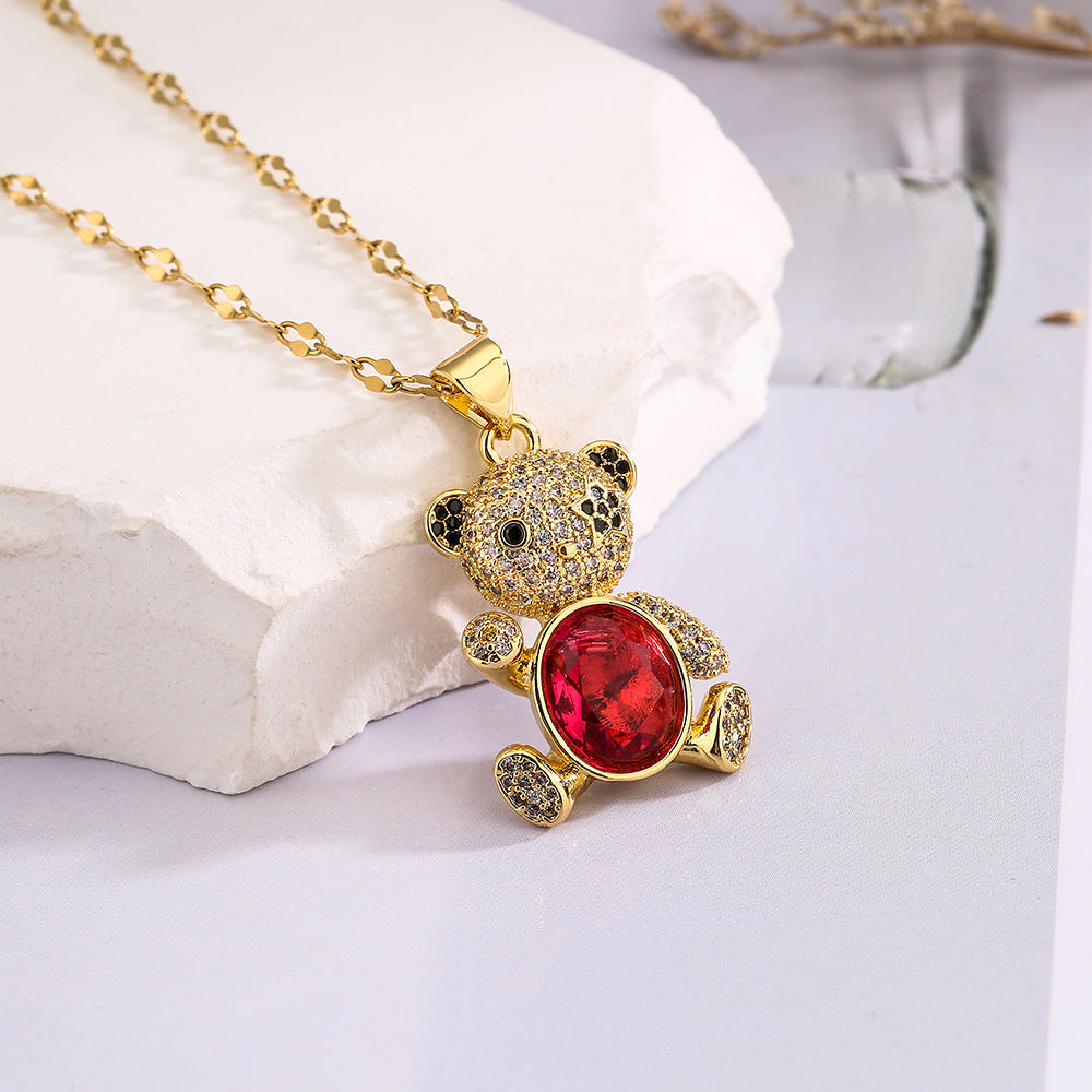 Cute Minimalist Bear-Shaped Copper Necklace with Real Gold Plating and Zircon Inlay for Women