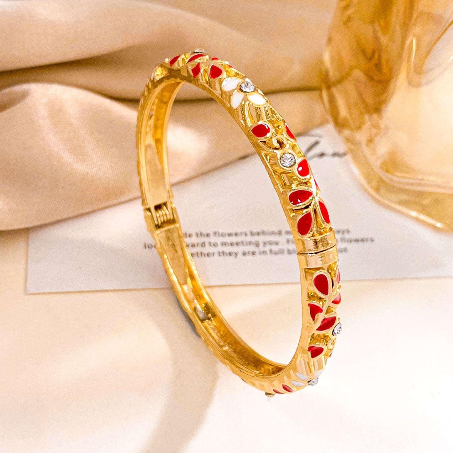 Elegant Floral Enamel Cubic Zirconia Inlaid Alloy Bangle Bracelet