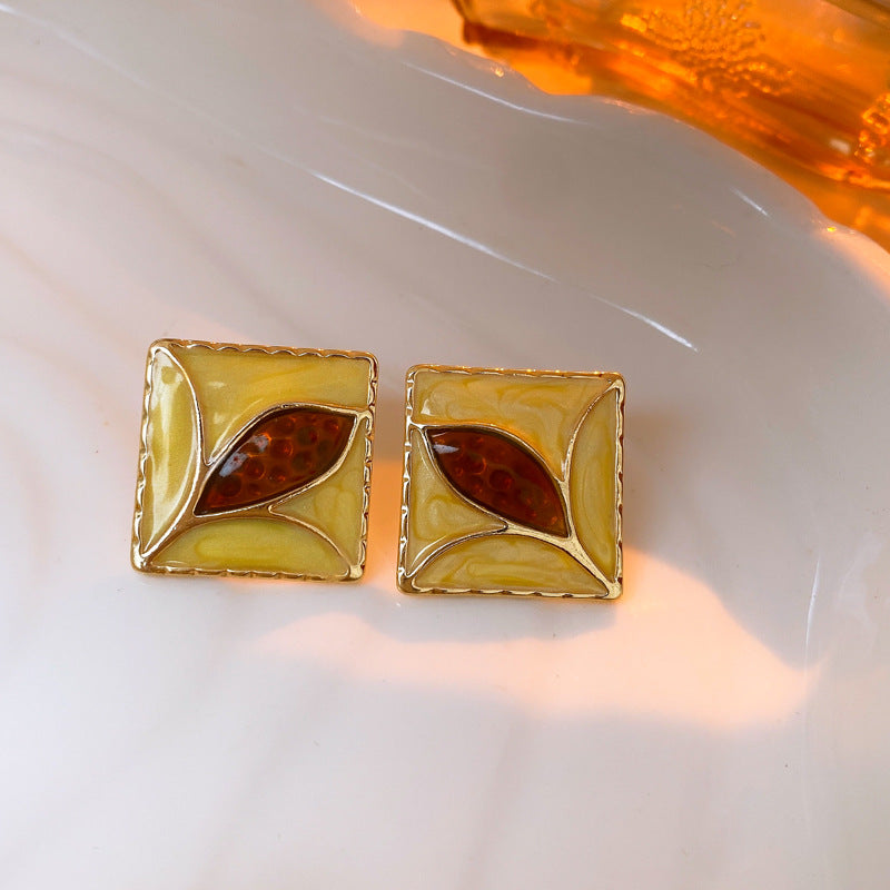 Vintage Geometric Earrings with Enamel Finish in Copper Base and Steel Posts for Women