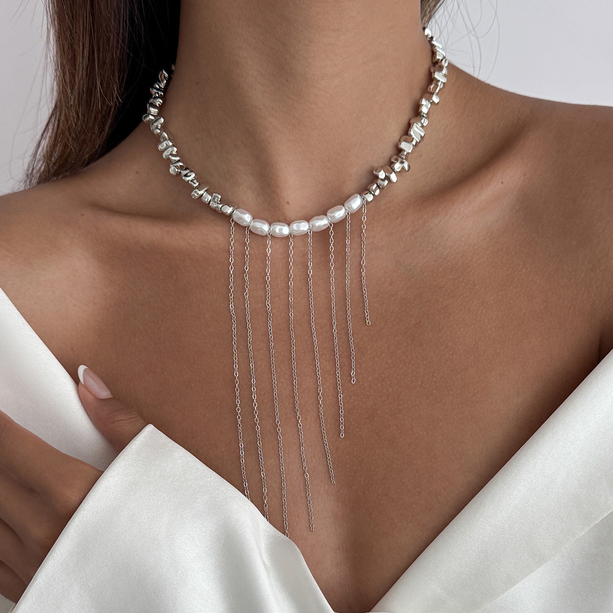 Minimalist Cross Pendant Clavicle Necklace for Women with Imitation Pearl Accents and Crystal Tassels on Electroplated Alloy Chain