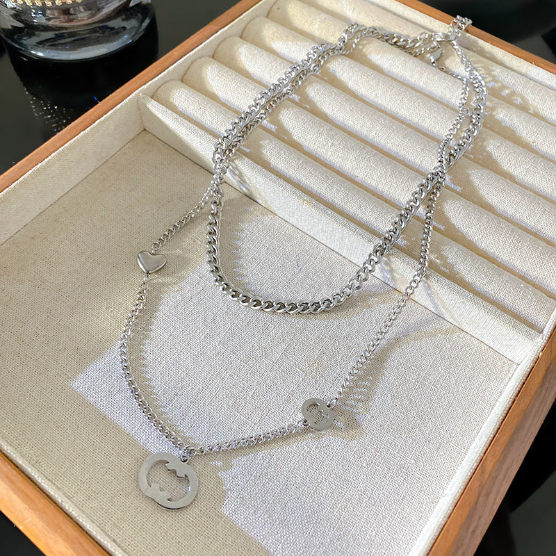 Streetwear Silver Plated Geometric Hollow Pendant Titanium Steel Double Layer Necklace