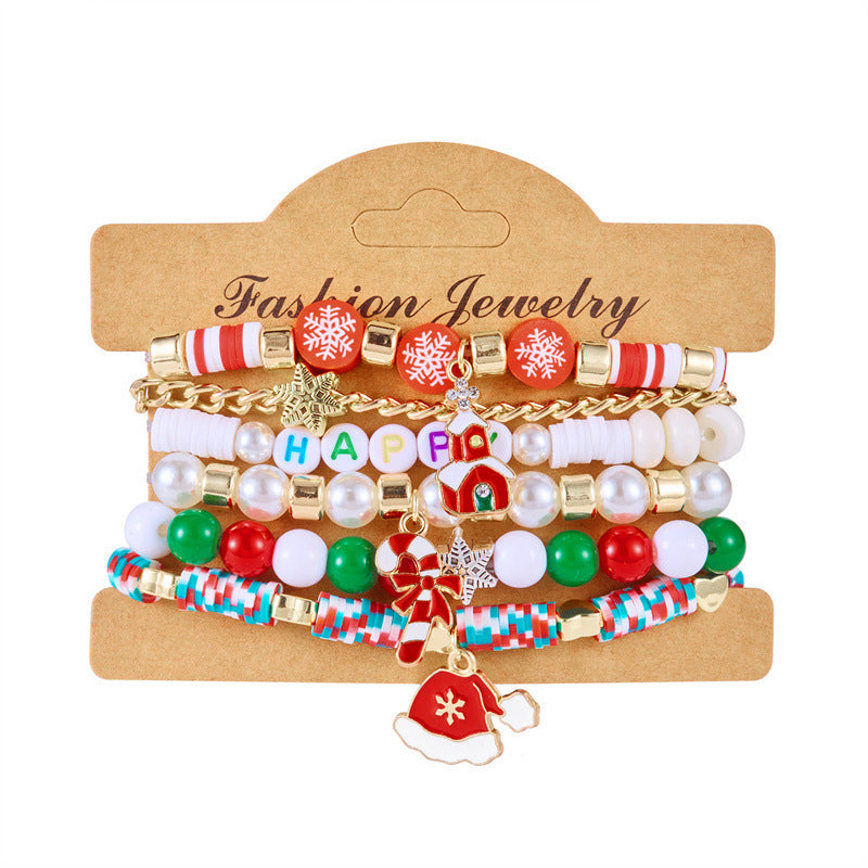 Pulsera minimalista con temática navideña con diseño de Papá Noel, bastón, muñeco de nieve, cuentas con letras y dije de aleación