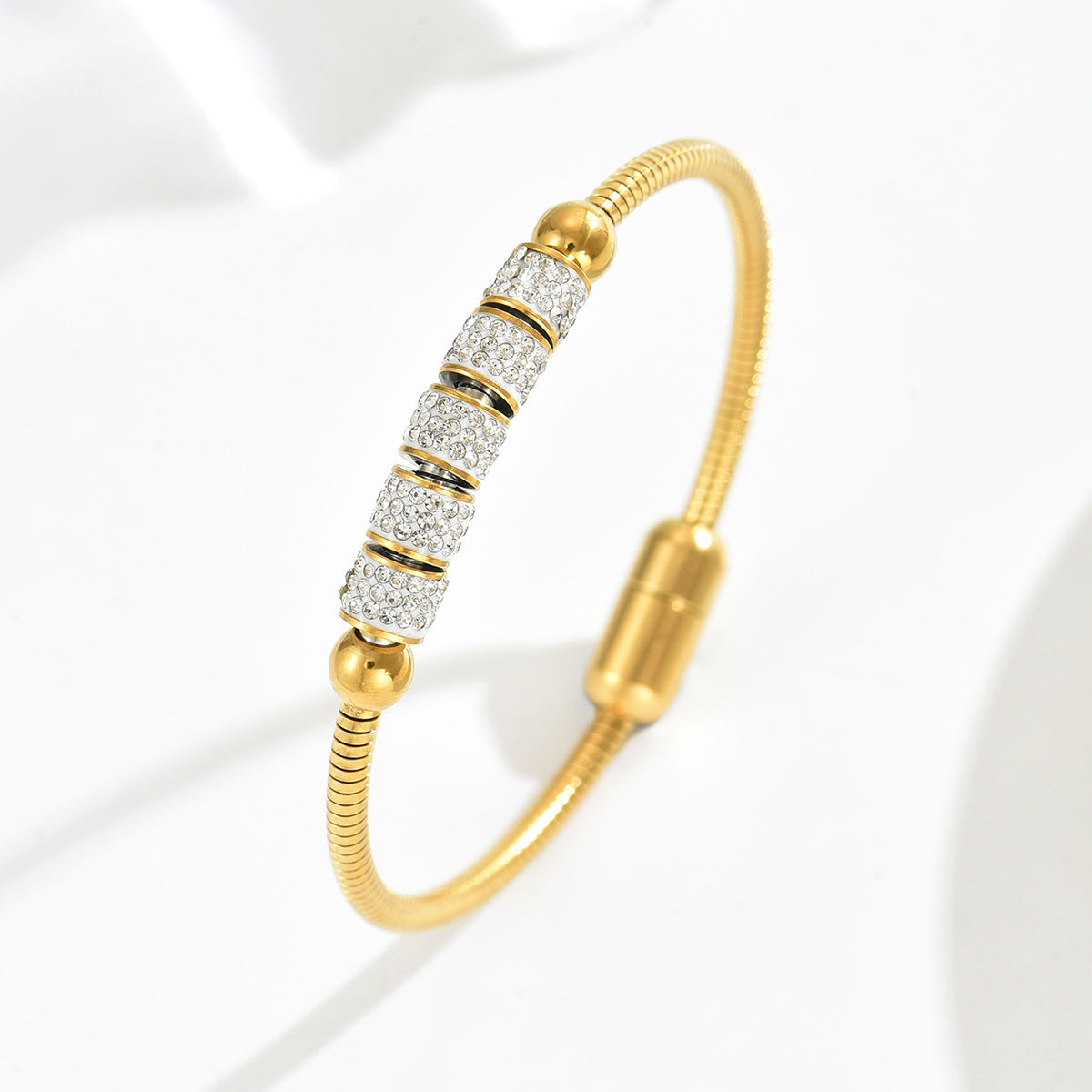 Pulsera magnética geométrica con incrustaciones de diamantes de imitación para mujer, de aleación de zinc con patrones circulares y de anillo