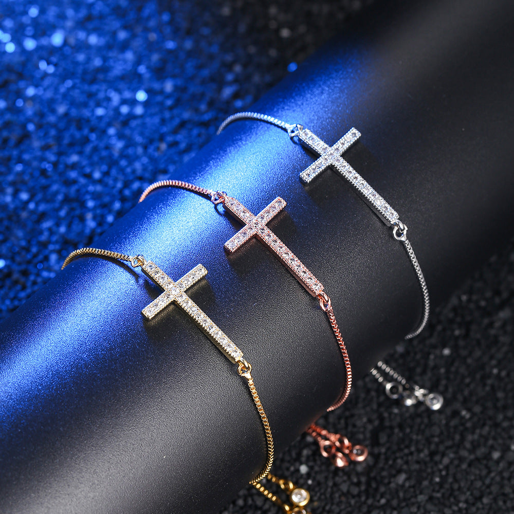 Minimalist Brass Inlaid Cubic Zirconia Cross Bracelet for Women