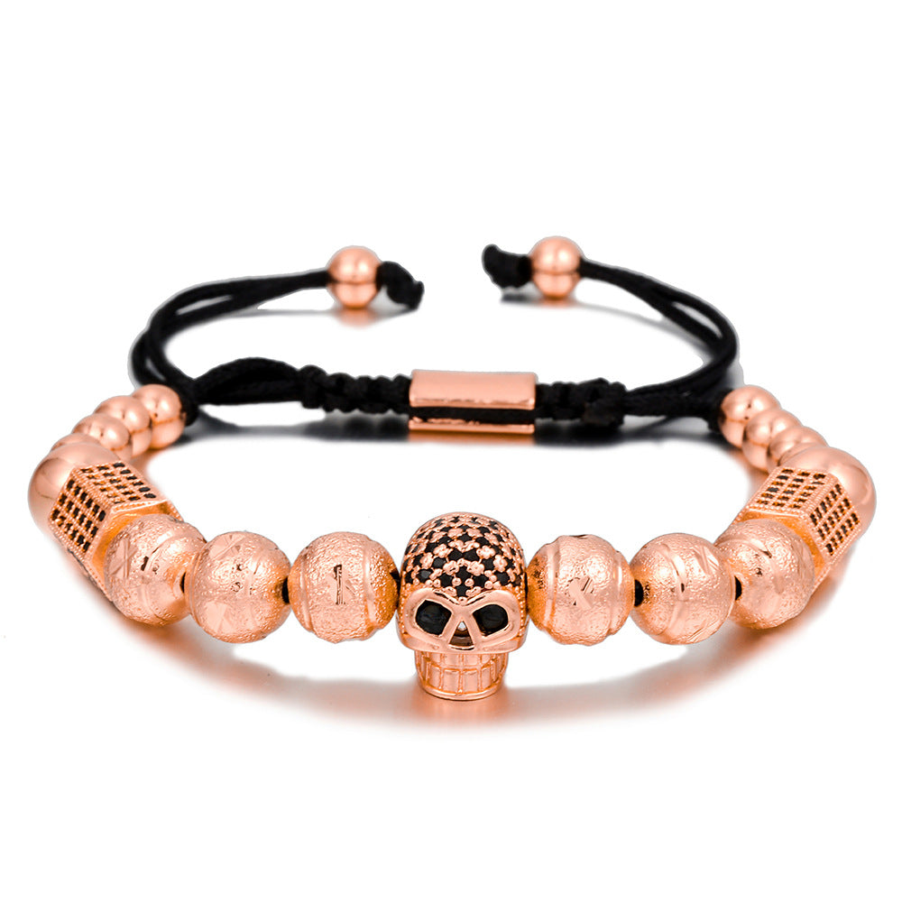 Adjustable Braided Skull Bracelet with Micro-Pave Zirconia for Men and Women, Geometric Design in Copper Hardware