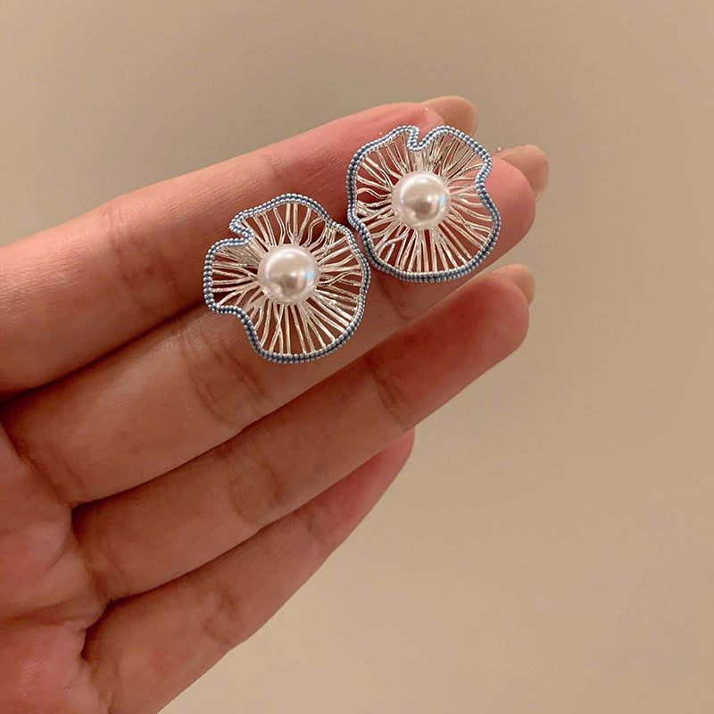 Elegantes Pendientes de Botón Estilo Perla con Acabado Esmaltado, Diseño Floral Geométrico, Postes de Acero Inoxidable, para Mujer