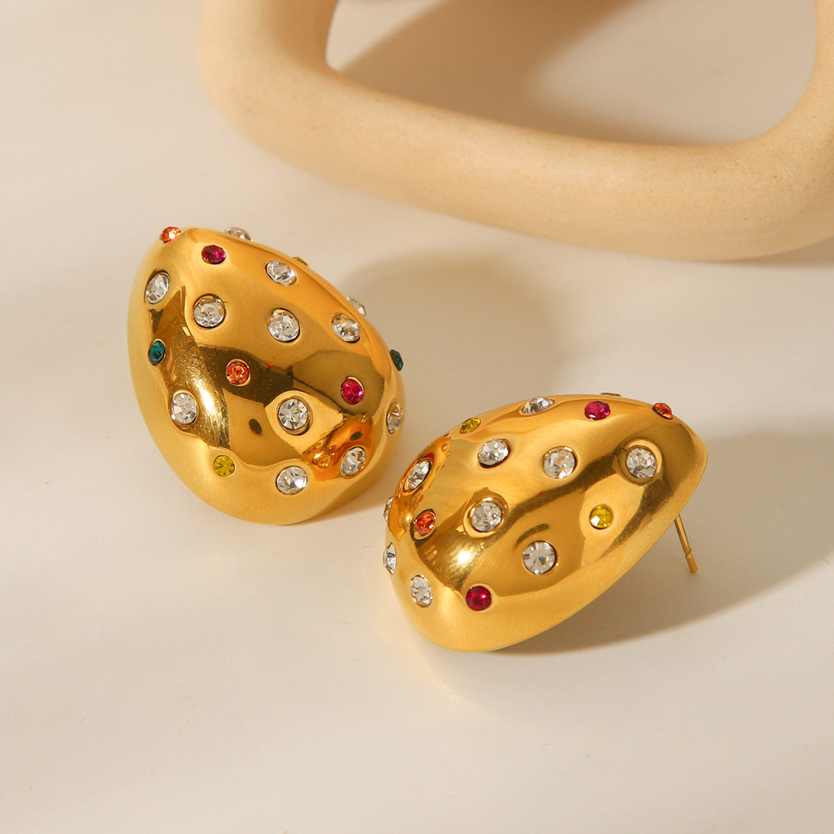Fashionable 18K Gold Plated Water Drop Stainless Steel Earrings for Women with Rhinestone Inlay