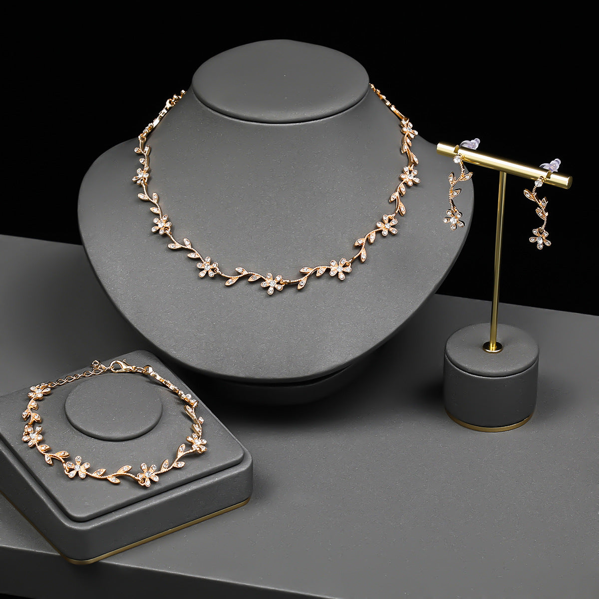 Minimalist Leaf-Shaped Alloy Necklace Set with Rhinestone Inlay for Women Including Necklace Earrings and Bracelet