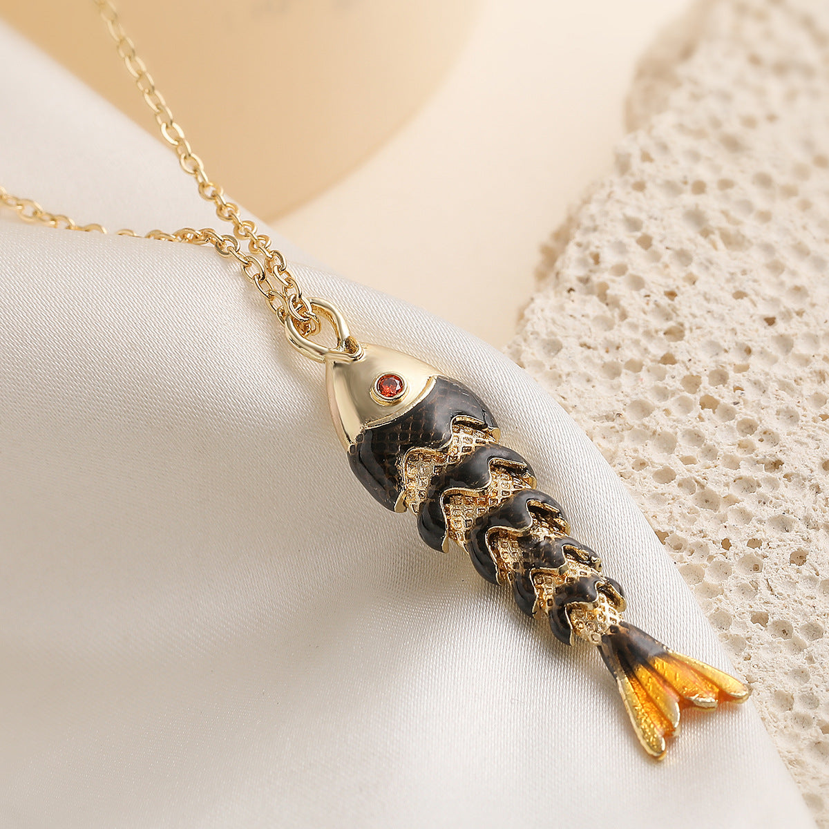 Minimalist Geometric Drip Oil Gold Plated Brass Koi Pendant Necklace for Women