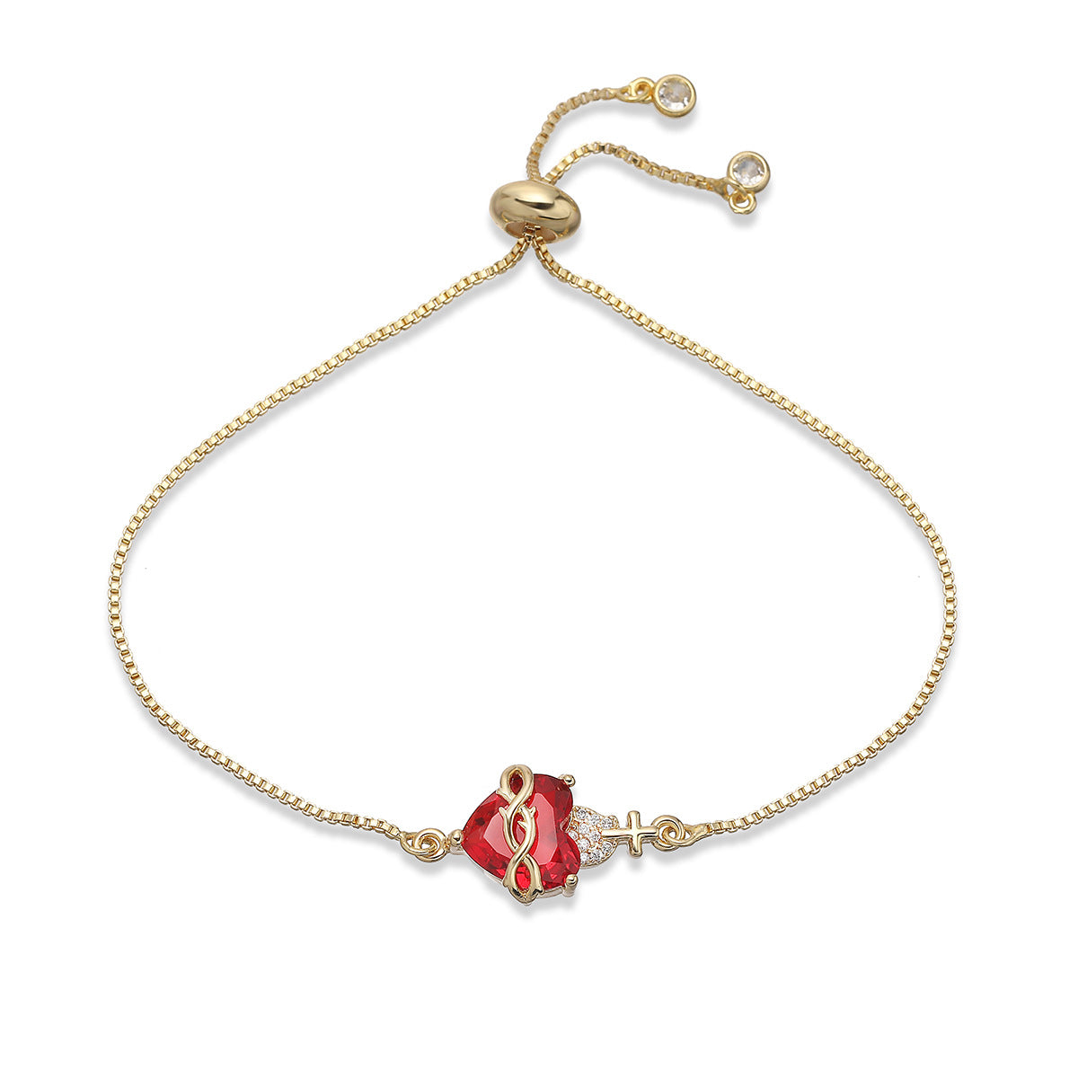 Red Cubic Zirconia Heart Cross Geometric Gold Plated Brass Bracelet for Women