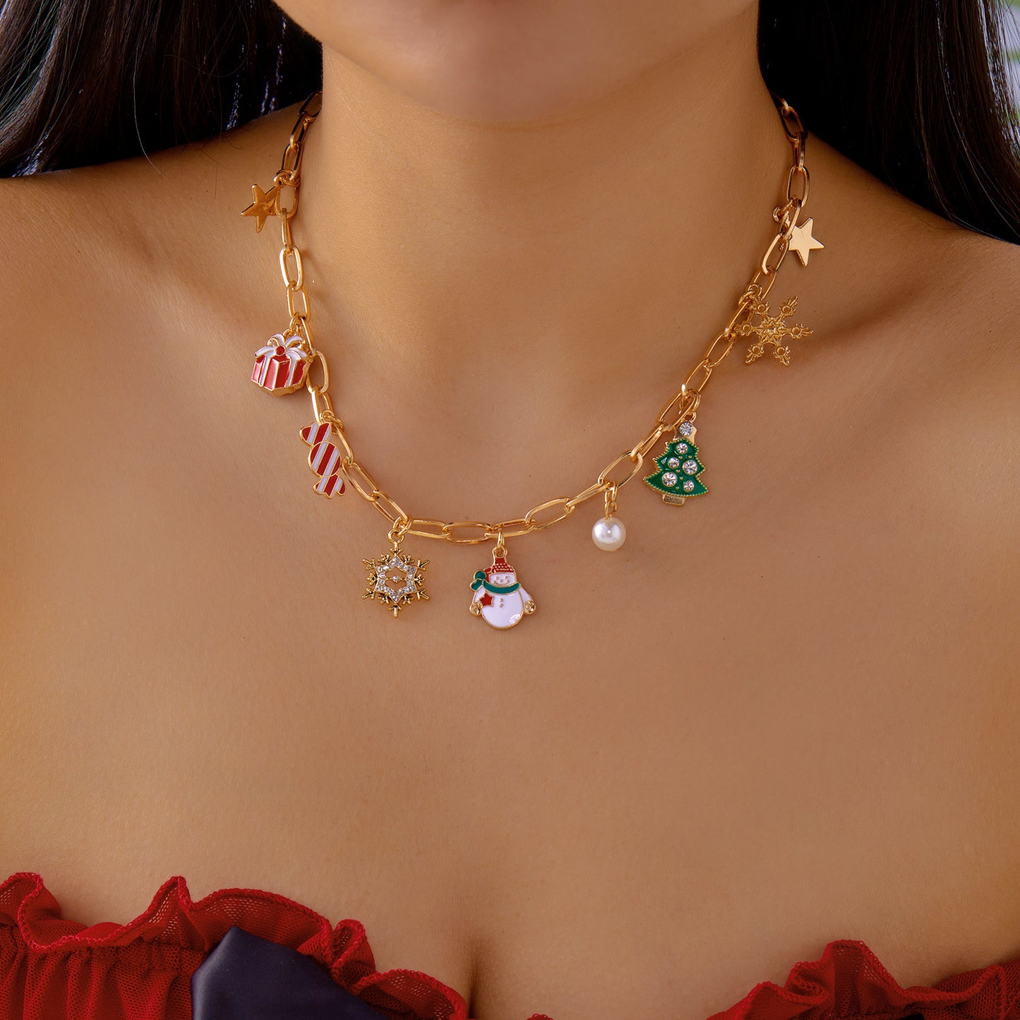 Juego de collar con colgante de Papá Noel, copo de nieve y hombre de jengibre con temática navideña, con cadena chapada en aleación, para uso festivo unisex