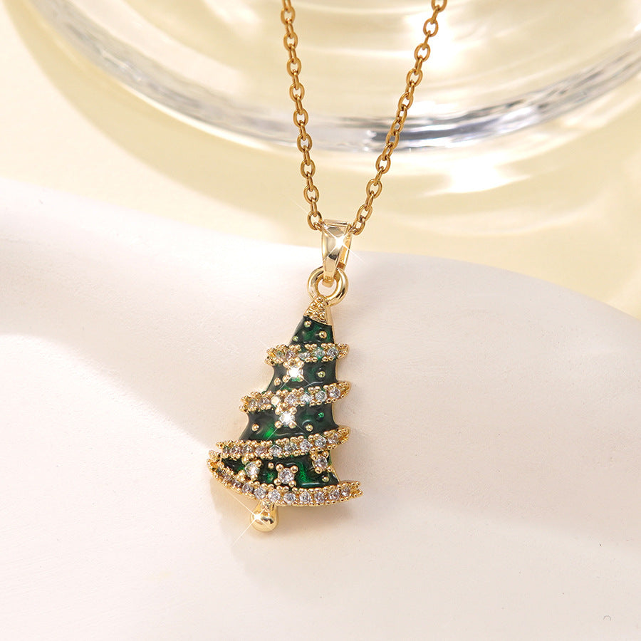 Luxury Stainless Steel Christmas Tree Snowman Bow Necklace with Glass Inlay Brass Pendant for Women