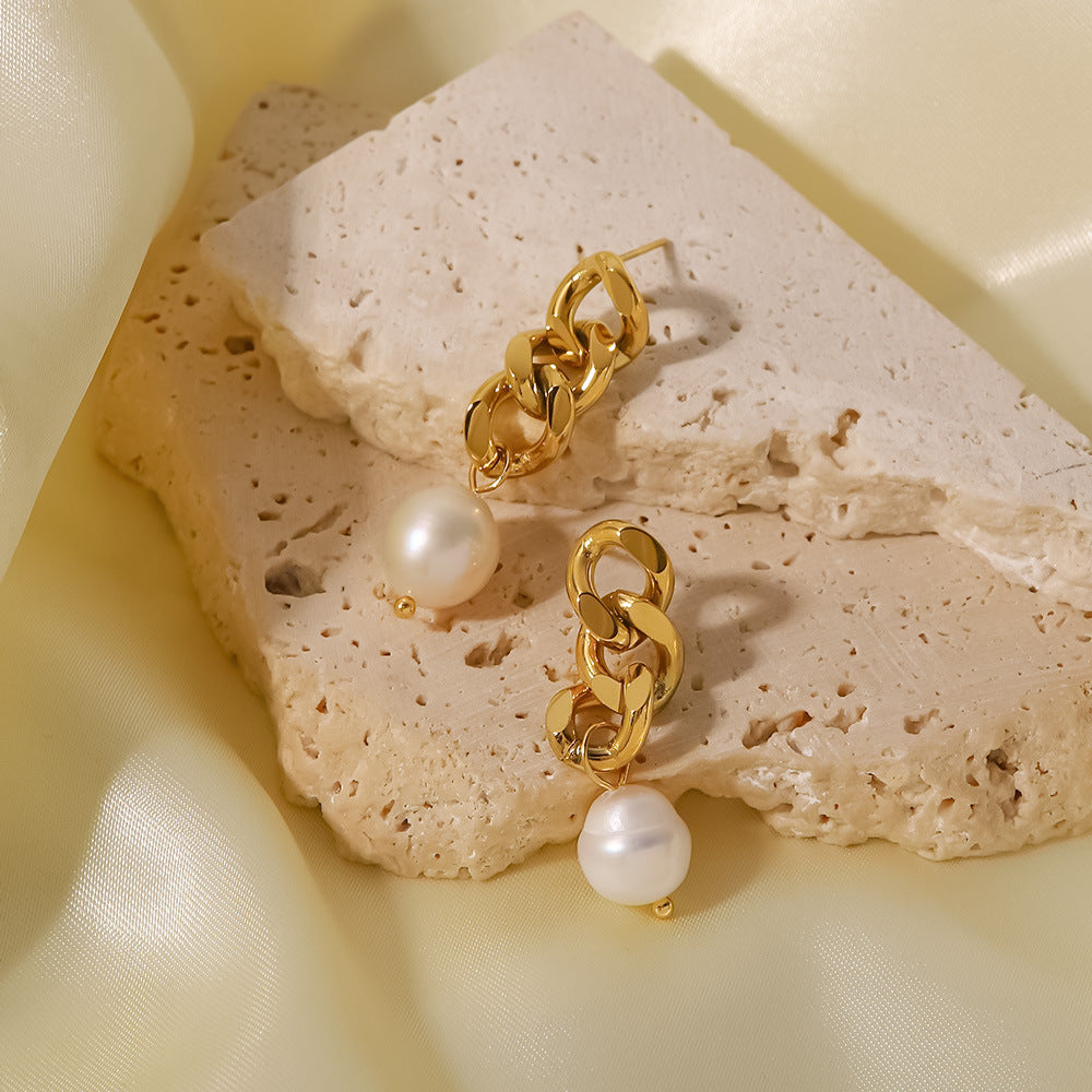 Geometric Baroque Pearl Dangle Earrings with 18K Gold Plated Stainless Steel Cuban Chain for Women