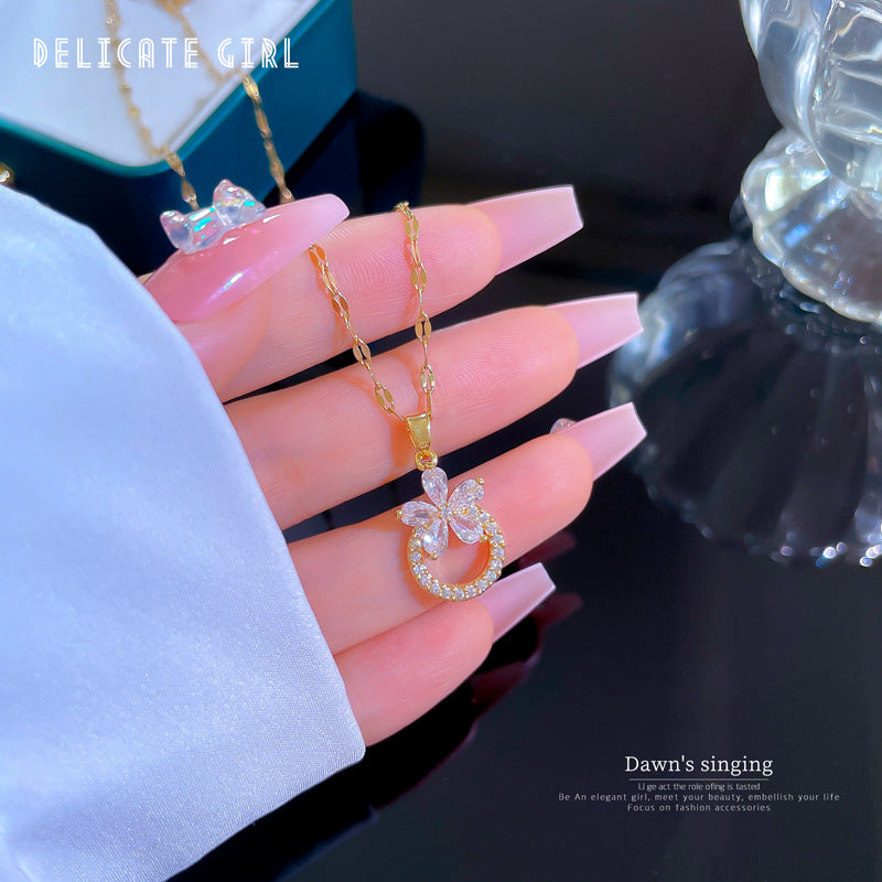 Floral Geometric Titanium Steel Clavicle Necklace with Rhinestone Inlay for Women and Men