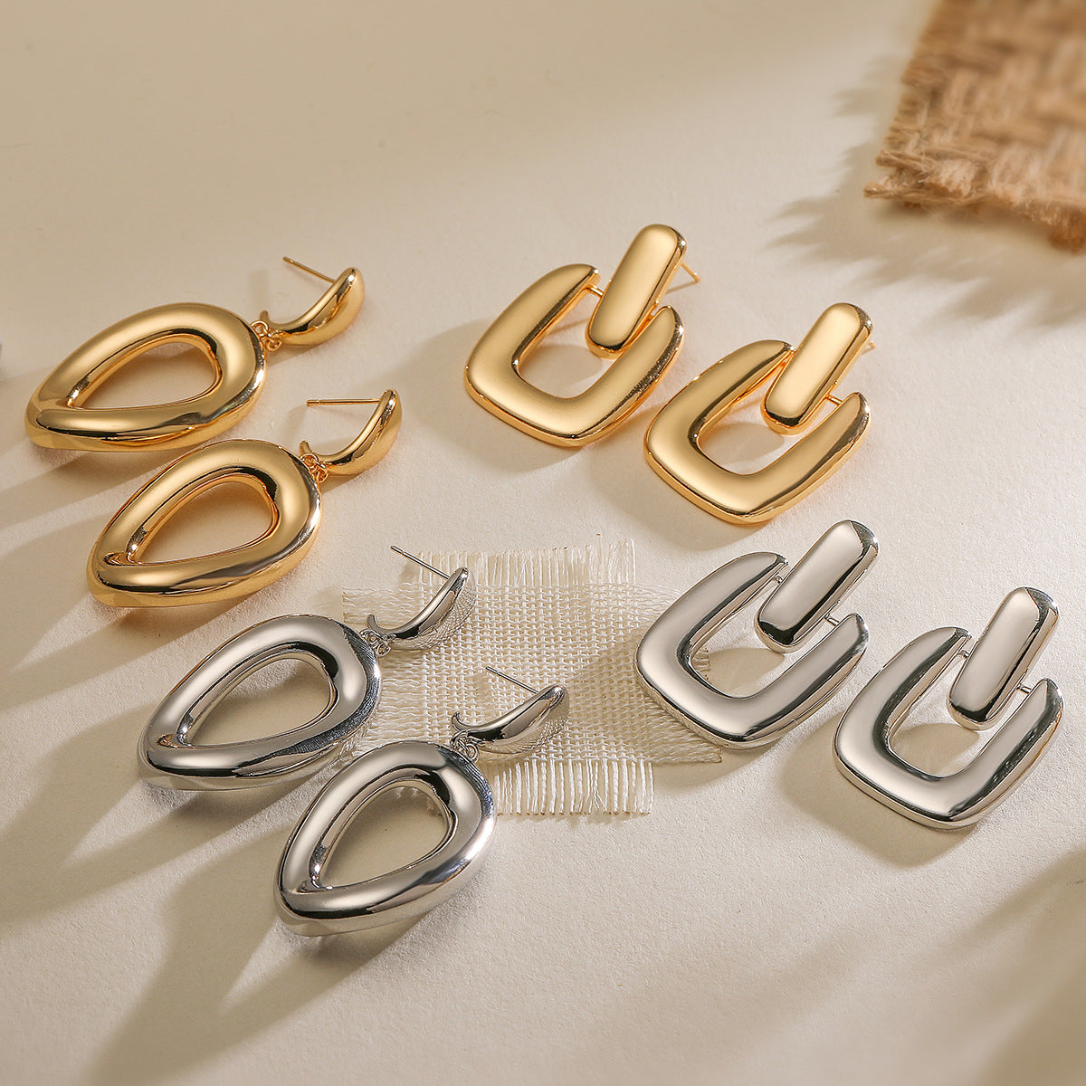 Geometric Shaped Copper Earrings with Real Gold Plating for Women, Fashionable Vintage-Inspired Statement Earrings