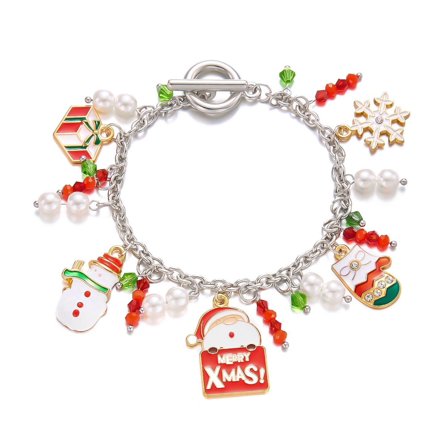 Pulsera creativa con temática navideña para mujer con dijes de Papá Noel, alces y árbol de Navidad en cadena de aleación de hierro con detalles de perlas y cristales.
