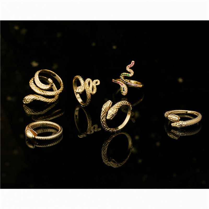 Anello aperto unisex in rame con zirconi cubici micro-incastonati a forma di serpente geometrico stile INS