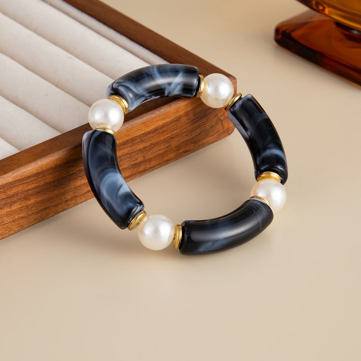Gradient Round Geometric Resin Beaded Bracelet CCB Bamboo Joint Curved Tube Bangle