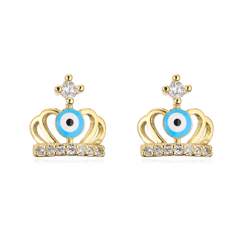 Orecchini a perno con corona geometrica personalizzata stile Ins, in rame con micro-pavé di zirconi e placcatura in oro 18K da donna