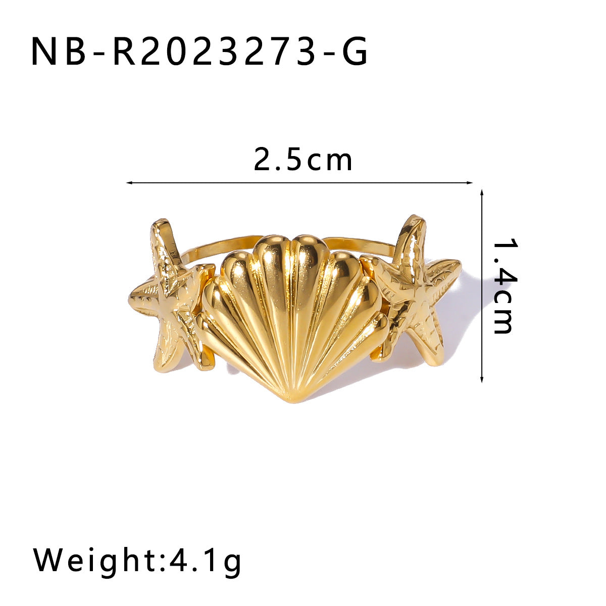 INS Style Geometric Starfish and Seashell Open Ring for Women Stainless Steel with 18K Vacuum Plating