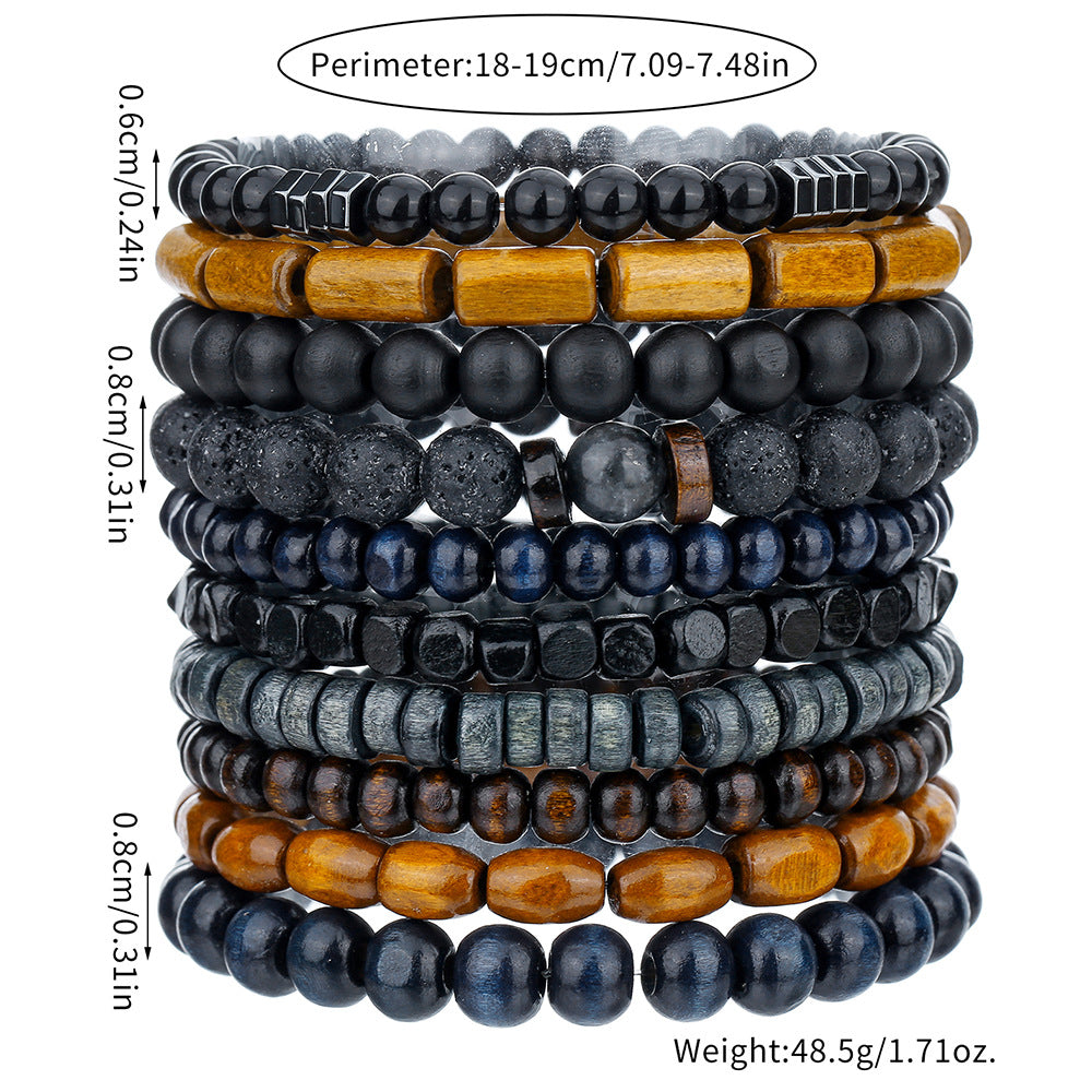 Bracciale Elastico Vintage Unisex in Perle di Legno con Pietra Vulcanica e Perle Rotonde in Ossidiana Nera per Uomo e Donna