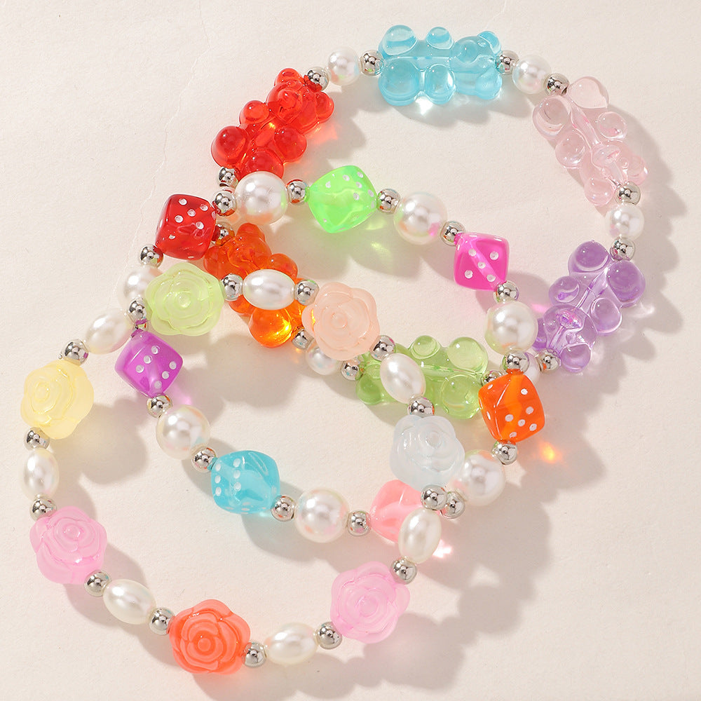Pulsera de flores con dados de oso transparente de resina artesanal de color caramelo para niñas