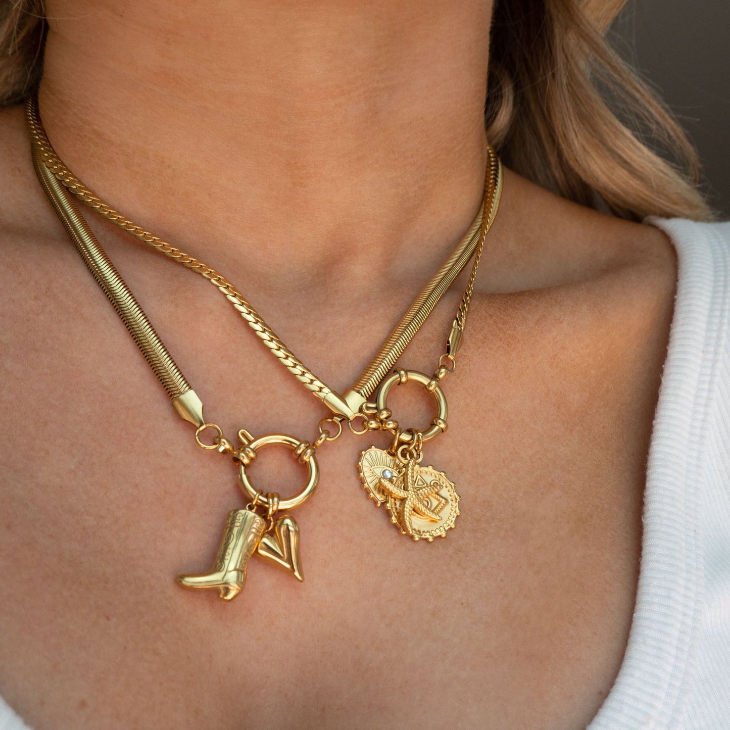 Casual 18K Gold Plated Titanium Steel Heart Star Boot Charm Bar PVD Cable Chain Necklace Unisex