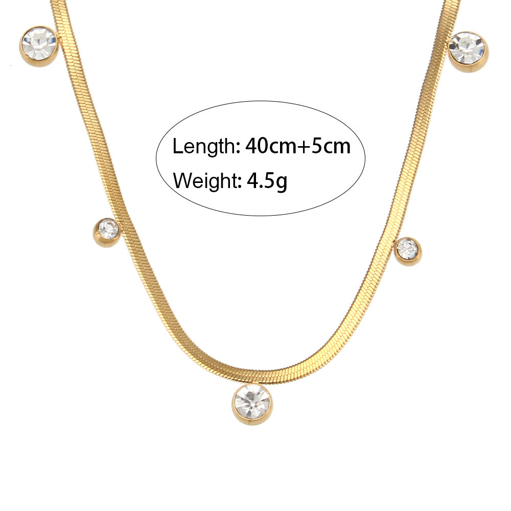 Collana da donna a maglie piatte a serpente con zirconi rotondi geometrici, placcata oro 18 carati, in acciaio inossidabile, stile vintage alla moda