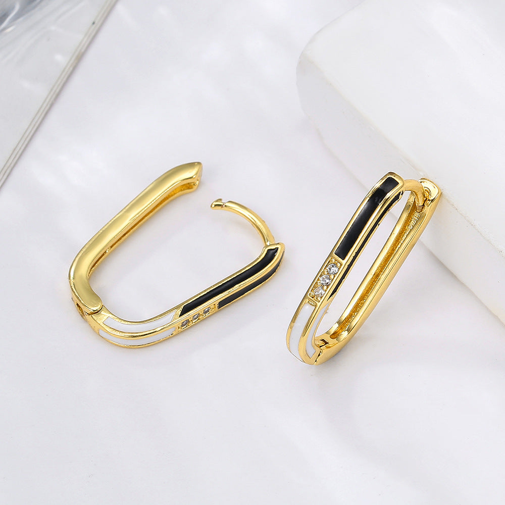 Minimalist Geometric Square Brass Drip Oil Plated Earrings with Cubic Zirconia for Women