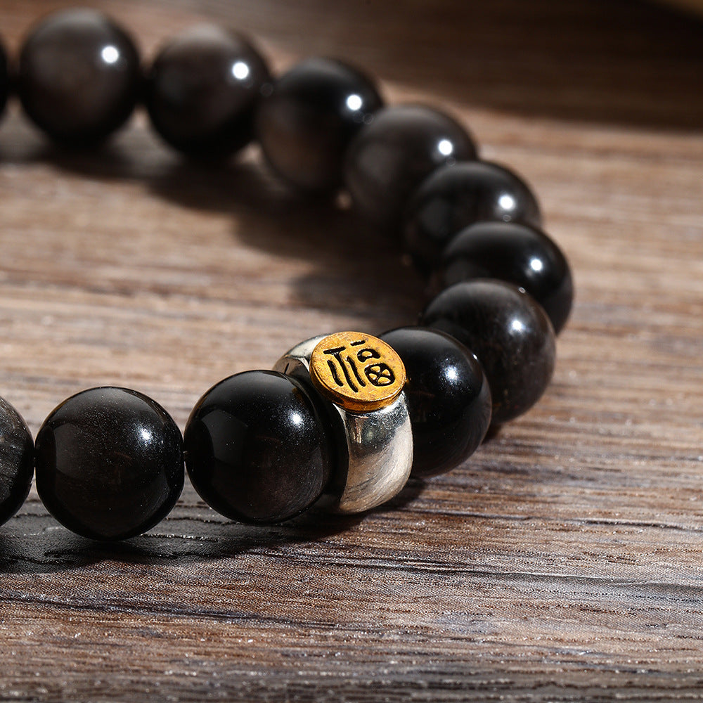 10mm Natural Gold Obsidian Round Beaded Bracelet Plated Geometric Unisex Gift