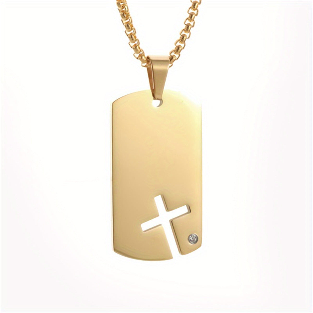 Collana con pendente a croce geometrico minimalista in acciaio inossidabile con finitura lucida e intarsio di strass per uso quotidiano unisex