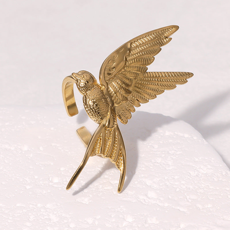 Minimalist Bird-Shaped Open-Style Ring in Stainless Steel with 18K Gold Plating for Women