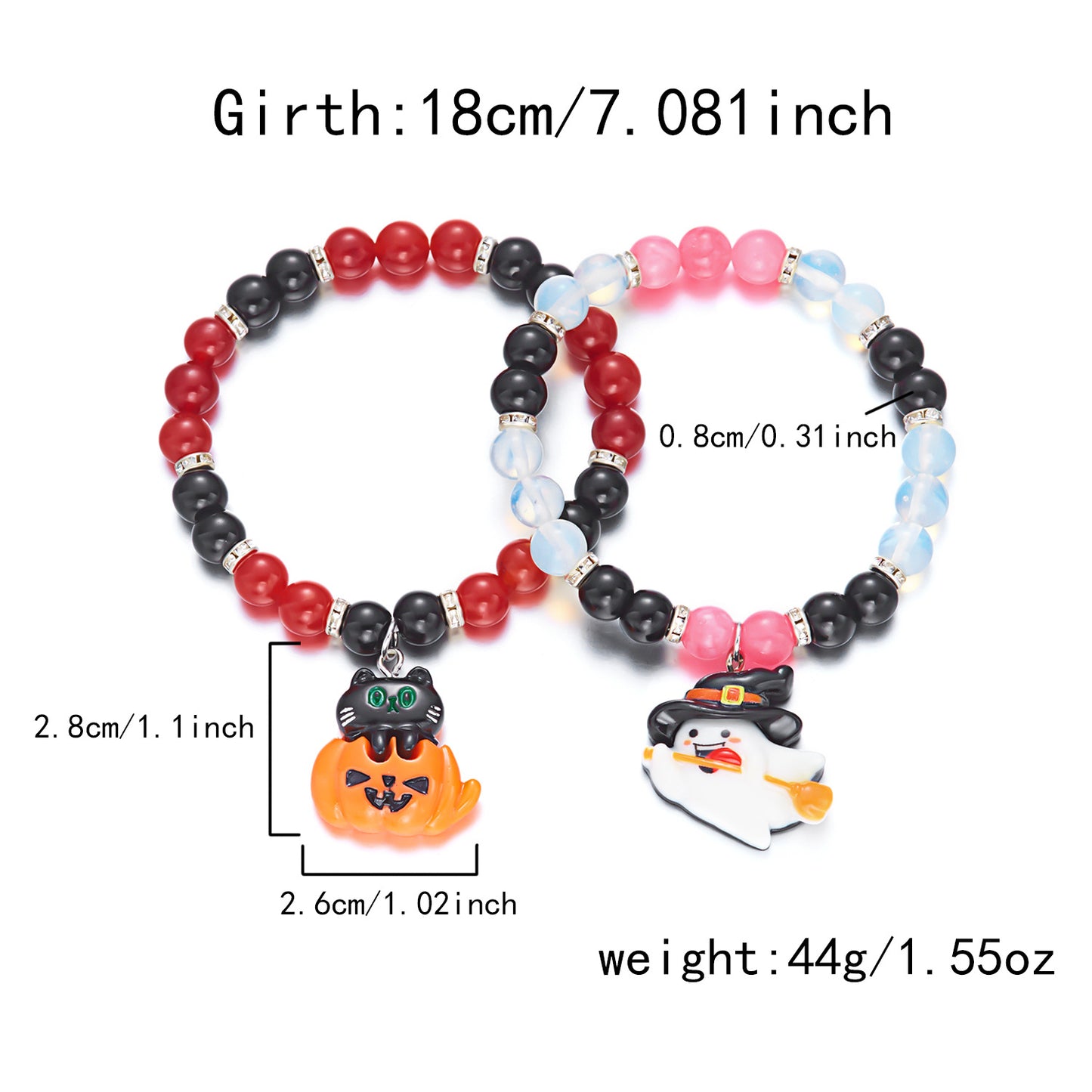 Pulsera con colgante de fantasma y calabaza temática de Halloween con dije de corazón, diseño geométrico, joyería de cristal hecha a mano para mujeres y hombres
