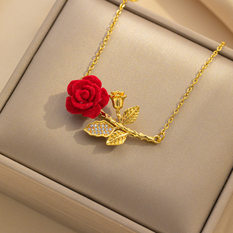 Romantic French-Style Red Rose Flower Pendant Necklace for Women in Titanium Steel with Rhinestone Inlay on O-Chain