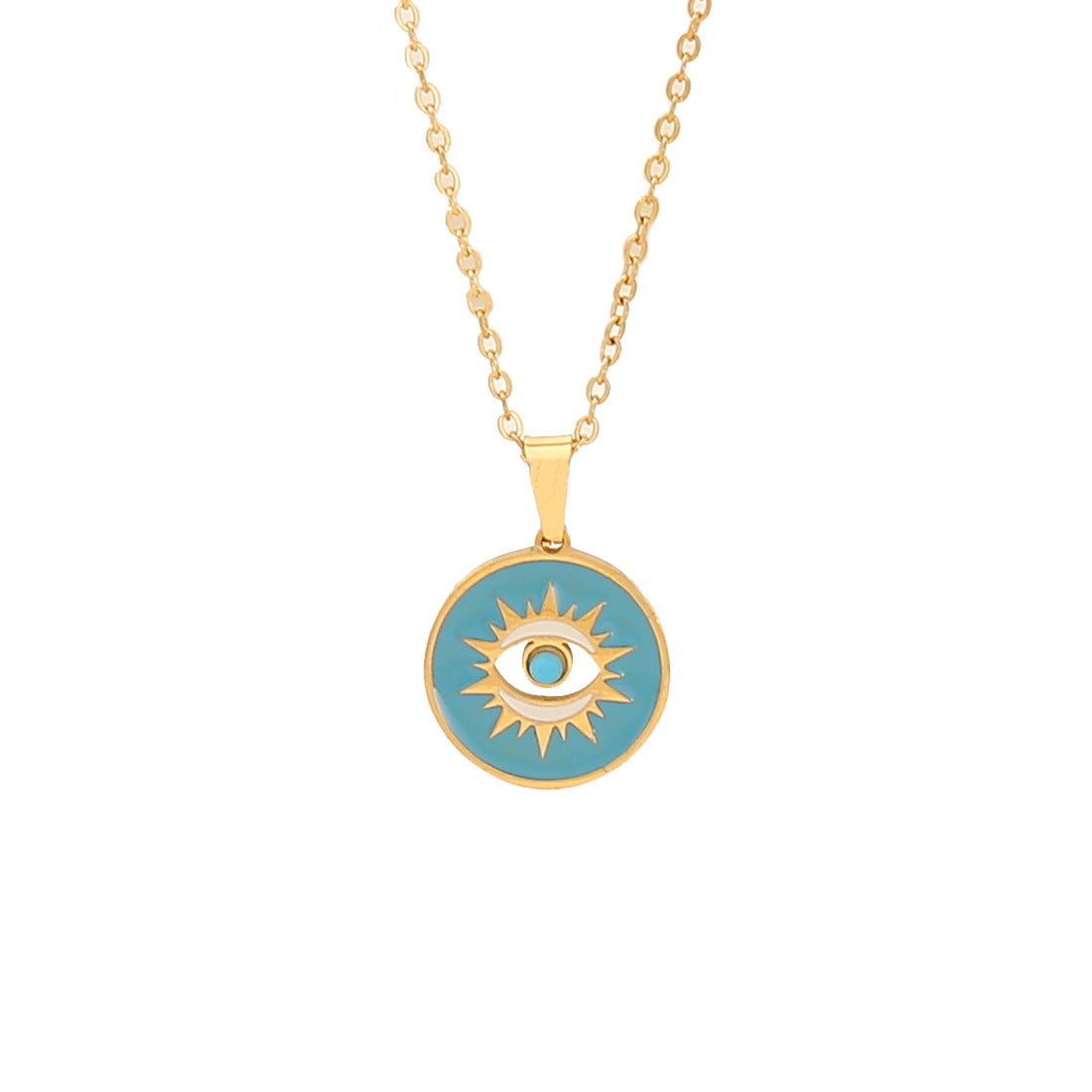 Minimalist Blue Enamel Eye Pendant Necklace with Hand Charm in Stainless Steel