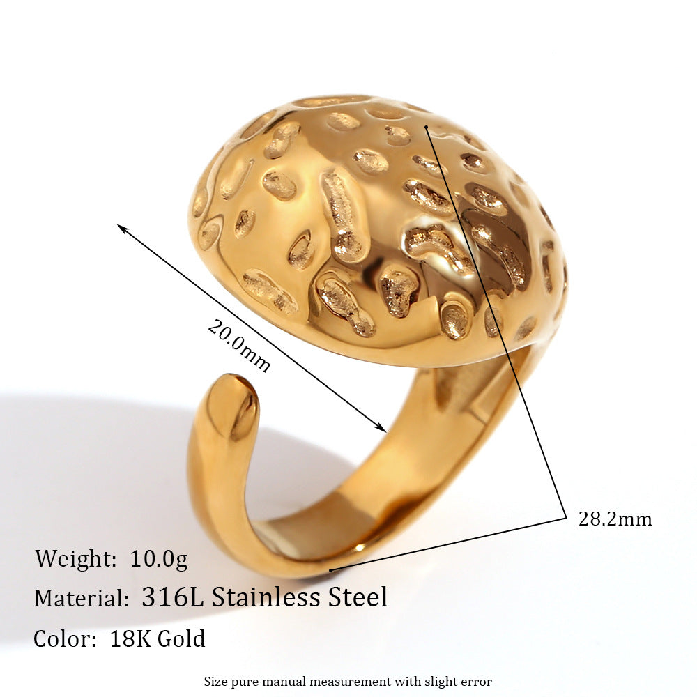 Anello da Donna Minimalista Geometrico in Acciaio Inossidabile Placcato Oro 18K, Texture Martellata, Design a Goccia Aperto