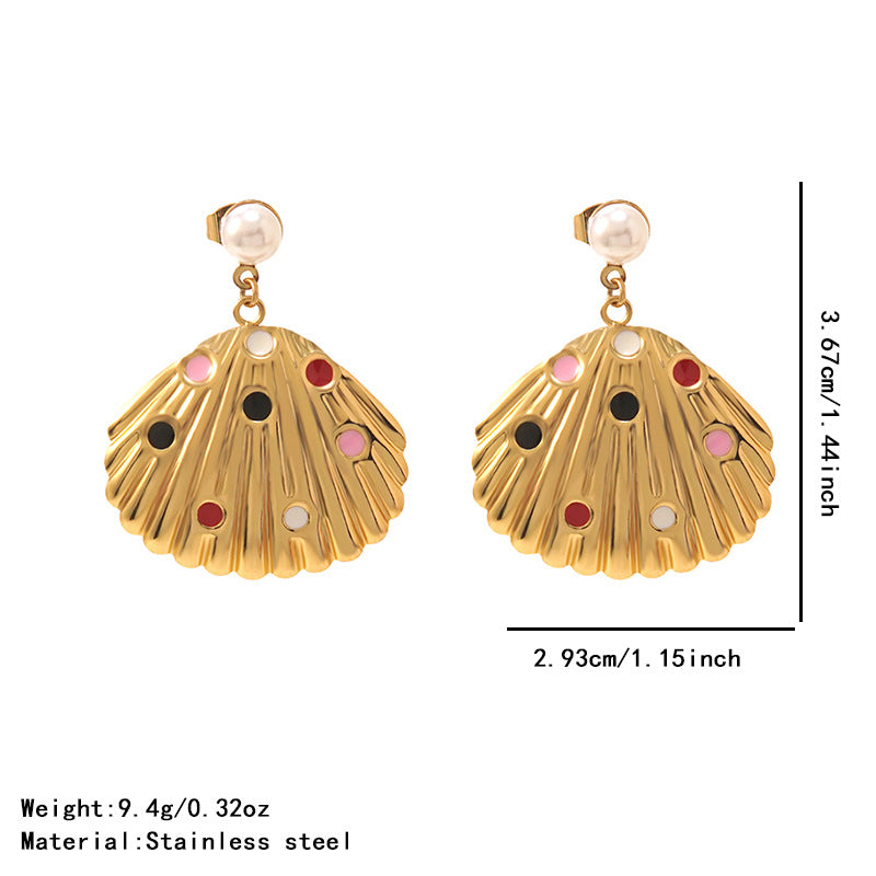 Sweet Fan Shape Stainless Steel Shell Pearl Drip Oil Earrings for Women