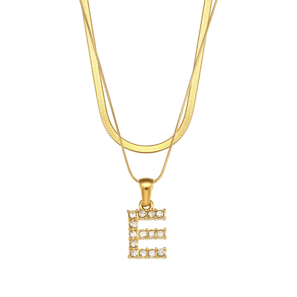 Fashionable Minimalist Letter Pendant Necklace in Stainless Steel with 18K Gold Plating and Cubic Zirconia on Double Snake Chain for Women