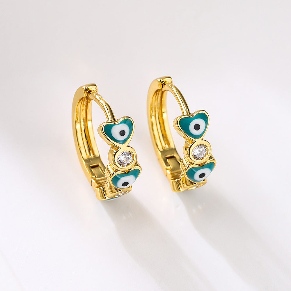 Geometric Demon Eye Earrings for Women with Copper Base Plated in Real Gold and Micro-Paved Zirconia with Enamel Finish
