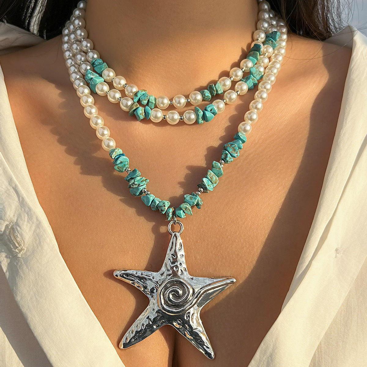 Exaggerated Starfish Resin and Alloy Pendant Ball Chain Necklace for Women