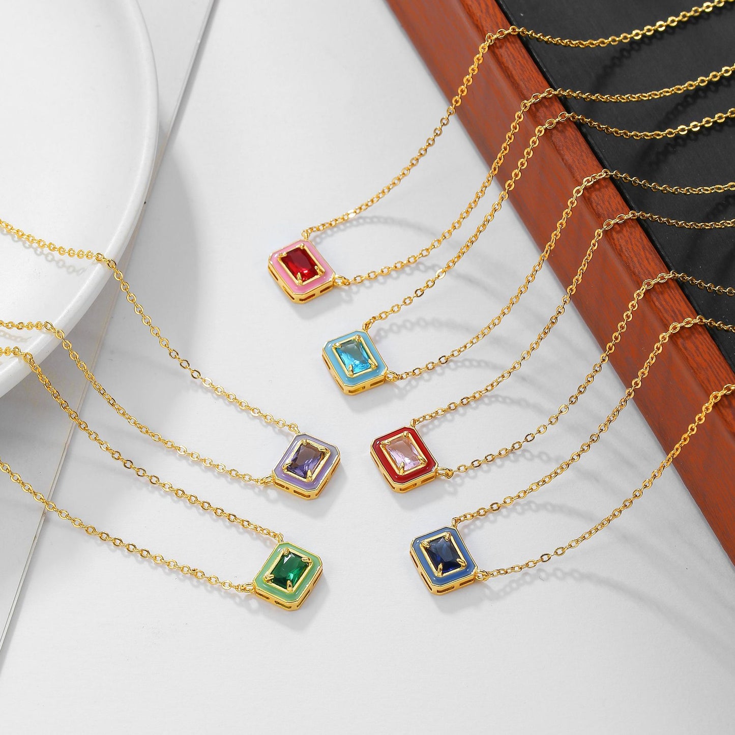 Macaron Candy Color Square Geometric Drip Oil Cubic Zirconia Pendant Gold Plated Brass Necklace for Women