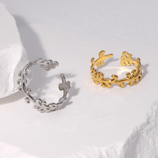Minimalist Titanium Steel Adjustable Leaf Ring for Women with 18K Gold Plating
