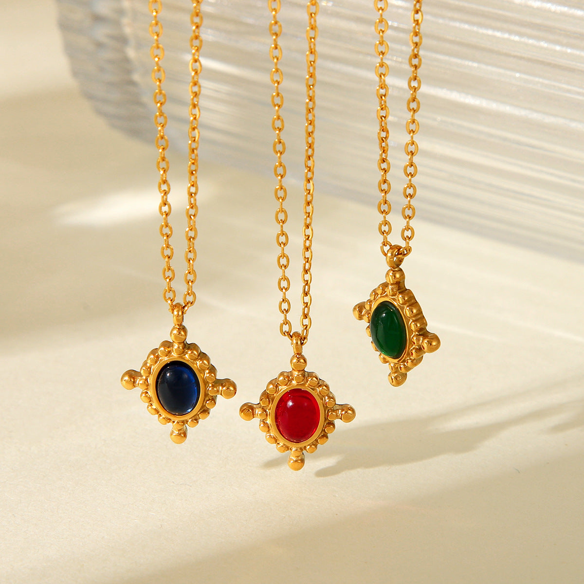 Minimalist Geometric Cross Pendant Necklace in Stainless Steel with Electroplated Finish and Semi-Precious Stone Inlay for Women