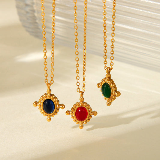 Minimalist Geometric Cross Pendant Necklace in Stainless Steel with Electroplated Finish and Semi-Precious Stone Inlay for Women
